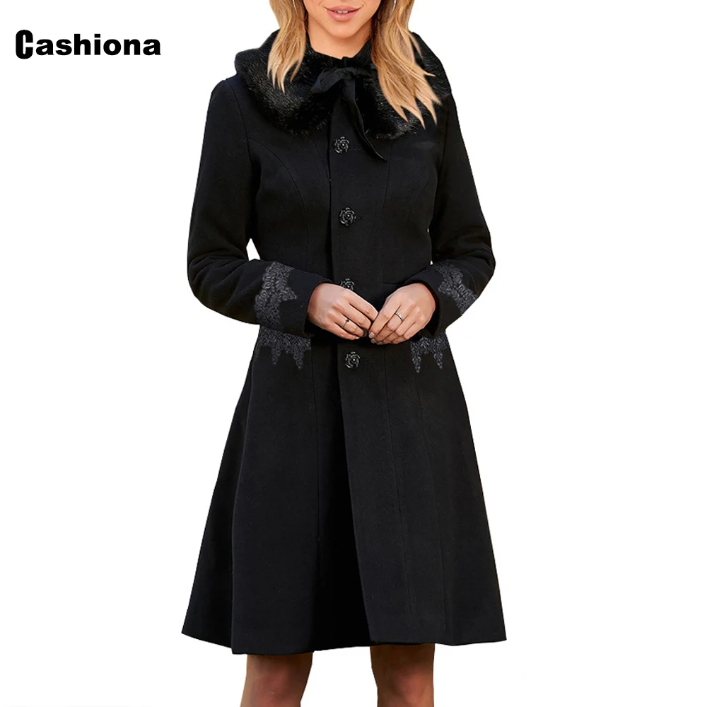

Женское элегантное длинное шерстяное пальто Cashiona, шикарная верхняя одежда с кружевом в стиле пэчворк, Женское пальто с длинным рукавом, теп...