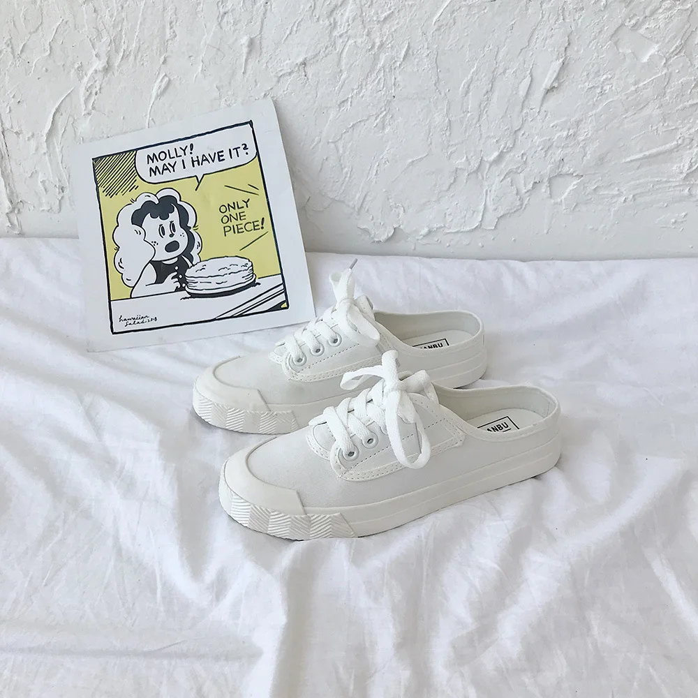

Summer new style non-heeled flat white canvas shoes wild stitching women's half slippers fashion lace-up ladies vulcanized shoes