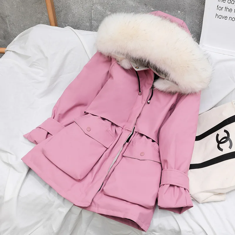womens down jackets winter coat real raccoon fur collar short jacket white duck parkas korean tops hooded thick warm | Женская одежда