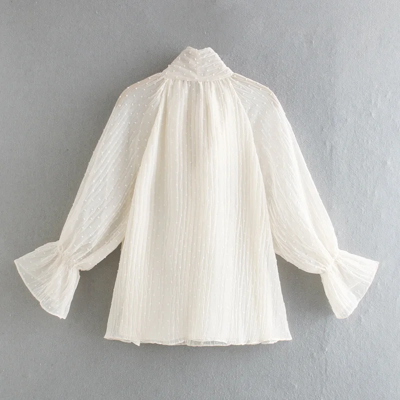 

Qeils Women 2021 Sweet Fashion With Bow Solid Embroidery Blouse Casual Vintage Transparent Chiffon Female Shirts Chic Tops