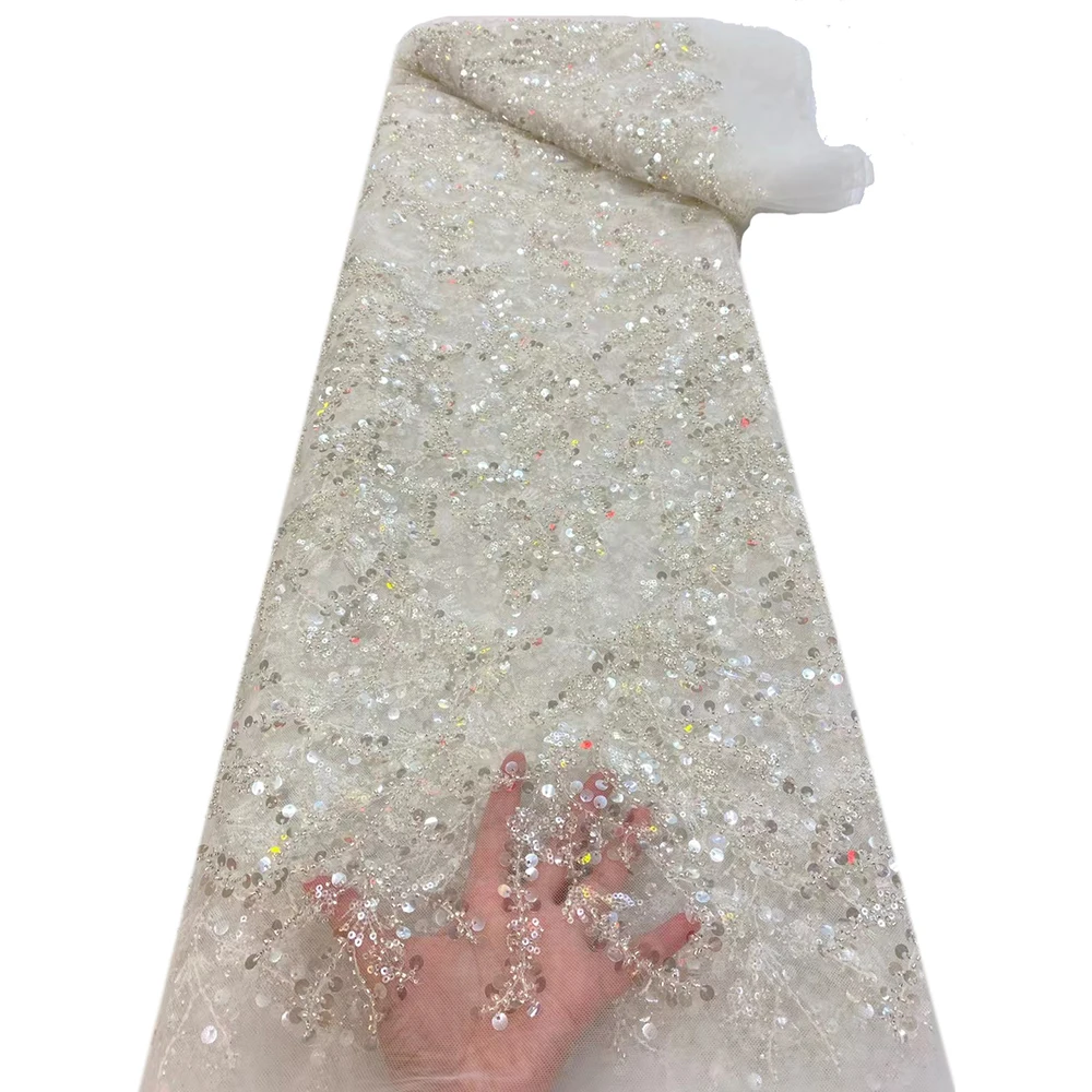 

Shining Sequence Pearl French Net Embroidery Sequins Mesh Tulle High Quality African Heavy Handmade Beaded Lace Fabric Dress