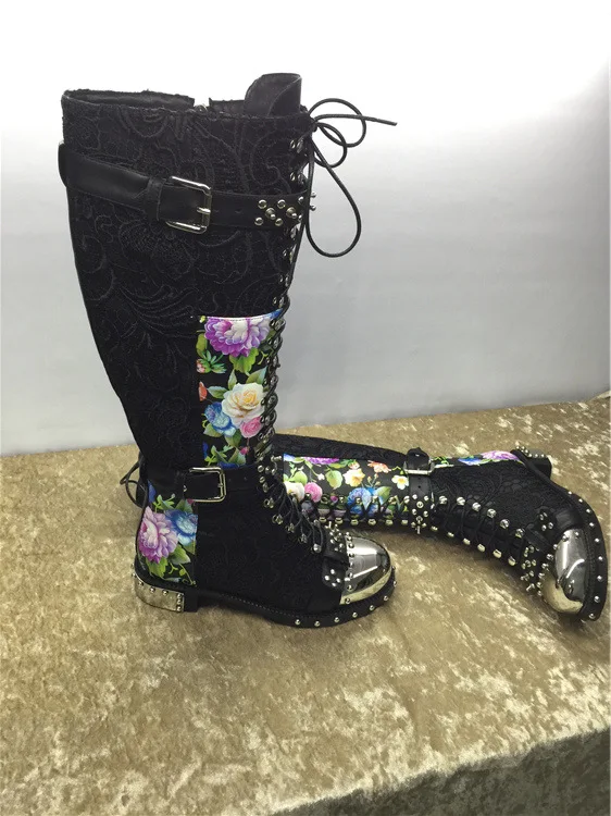 

boots bandage printing high tube leather thick bottom 2019 casual rivet iron head women's boots large size