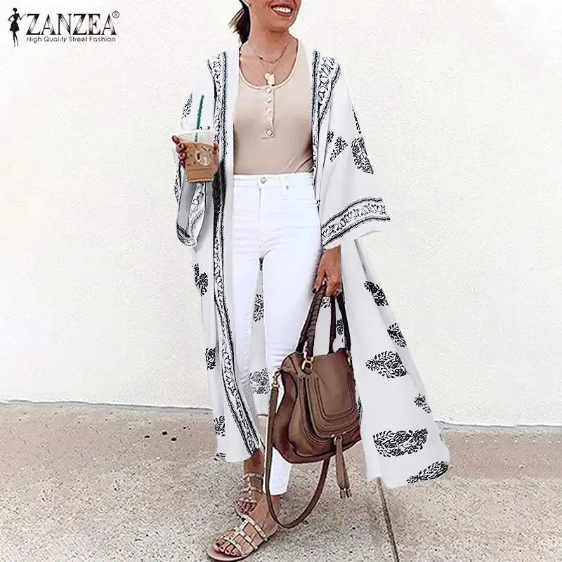 

Women's Printed Blouses ZANZEA 2023 Elegant Summer Kimono Cape Casual Long Sleeve Cover Up Female Floral Tunic Cardigan Tops