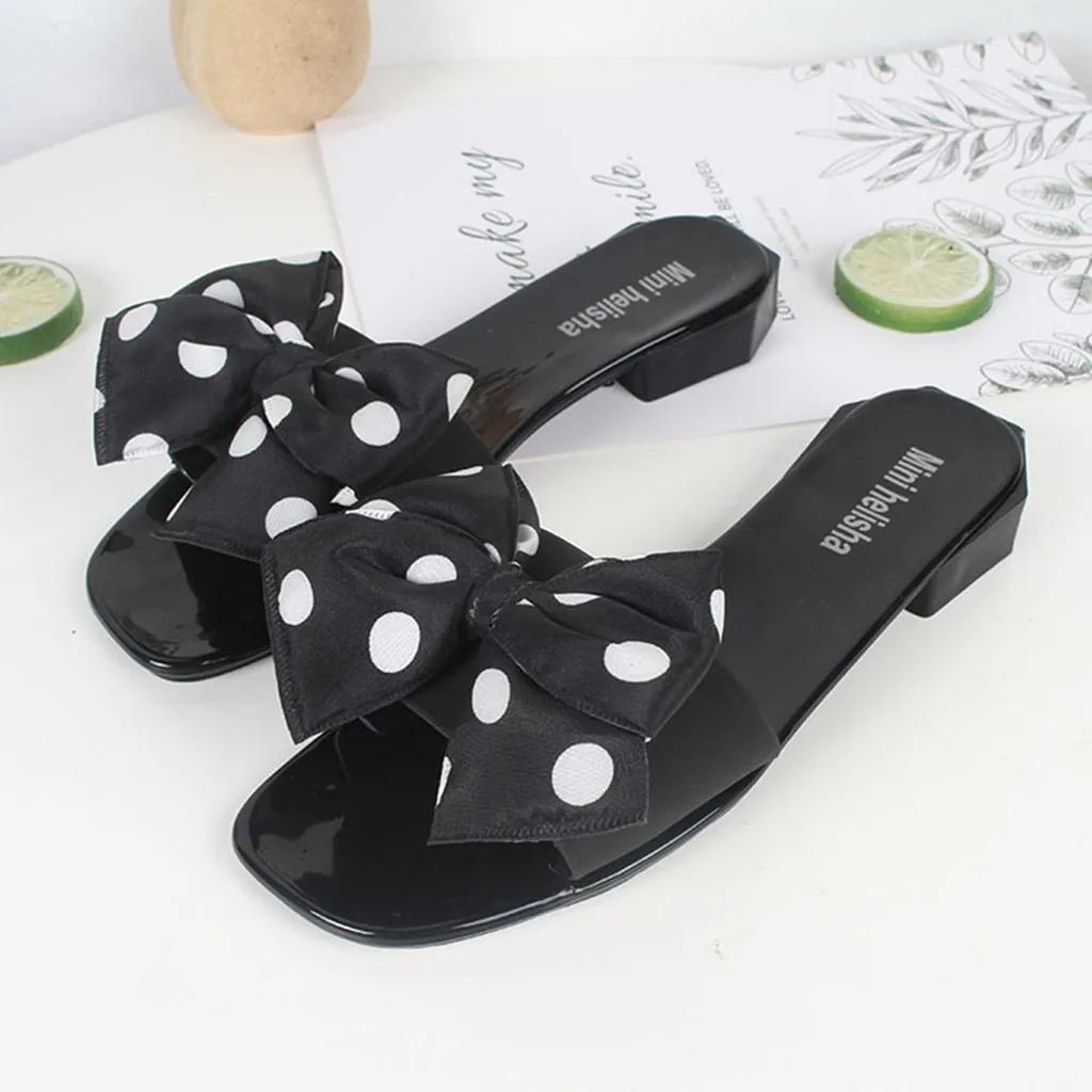 SAGACE Polka Dot Slipper Women Sandals Vintage Square Toe High Heel Summer Bow Slippers Casual Shoes Female | Обувь