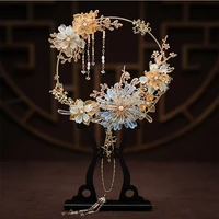 janevini luxury hollow blue flowers bridal fan chinese style ancient beaded pearls tassel fan type wedding bouquet bride flower