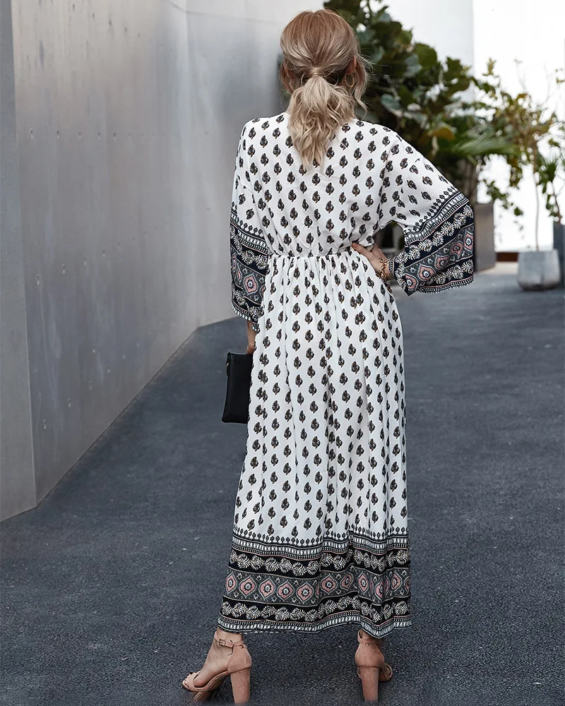 

Donsignet Fashion Women's Dress New Summer Casual V-neck Bohemian Waist Contrast Color Stitching Long-sleeved Dress Wrist Dress