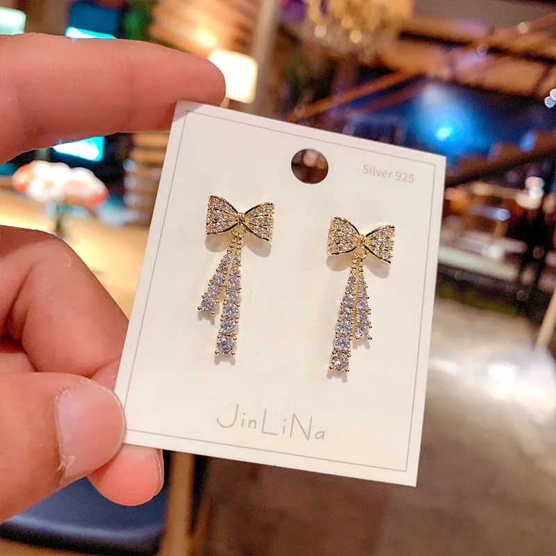 

New Bow Tassel Dangle Earrings Gold Silver Plated Crystal Earrings for Women Fashion Jewelry Wedding Drop Earrings Accessorie
