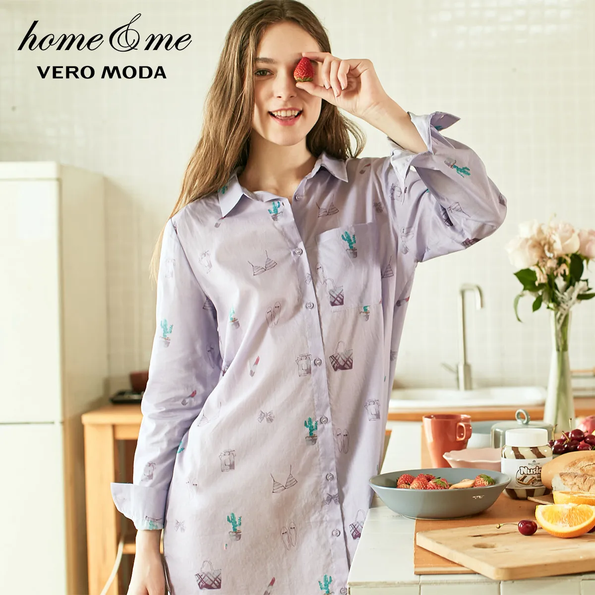 Lavender Vero Moda Новое поступление Ins стиль печатных хлопок рубашка Домашняя одежда платье | 319105517 - Цвет: Lavender