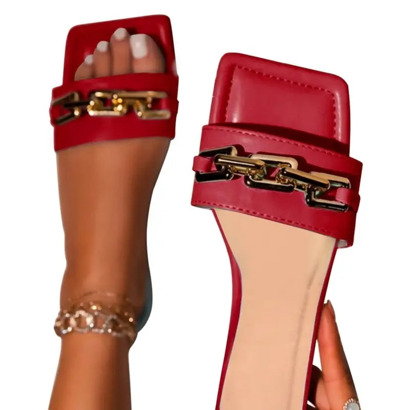 

New Brand Design Gold Chain Women Slipper Closed Toe Slip On Mules Shoes Square head Low Heels Casual Slides Flip Flop 2021