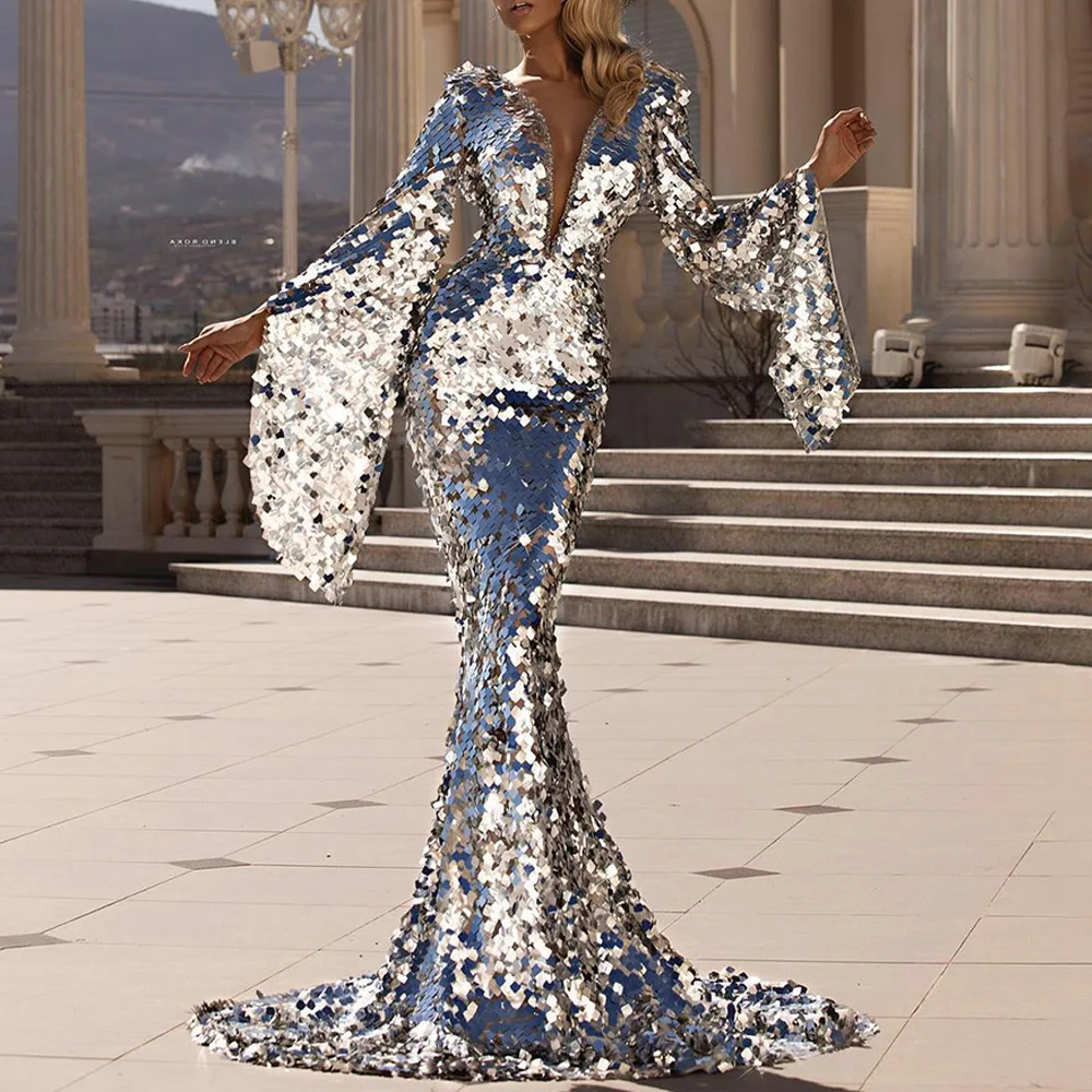 

2021 New Sexy Sequins Silver Party Dresses for Women Package Hips Long Dresses for Women Party Wedding Donsignet