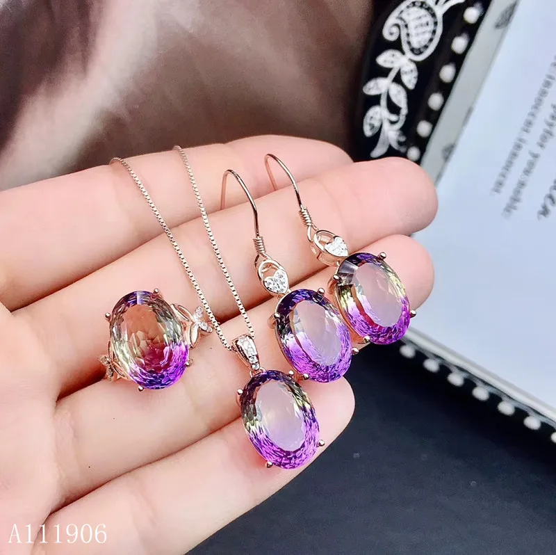 set KJJEAXCMY ювелирное изделие из серебра 925 пробы, инкрустированное аметистом, Женское кольцо, ожерелье, подвеска, серьги, 3 комплекта, новинка - Цвет камня: set