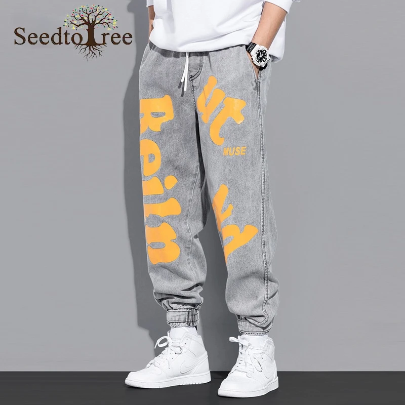Letter Printing Casual Jeans Men's Loose Drawstring Ankle Length Pants Harem Pants M-5XL Large Size Denim Trousers