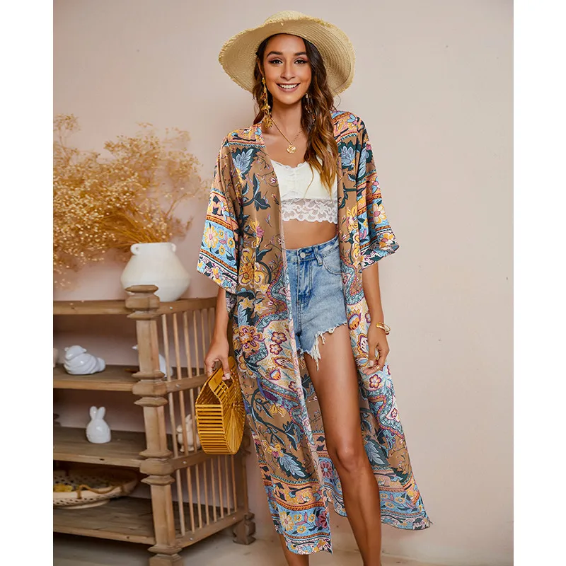 

Women Loose Beachwear Cover-ups Adults Flower Print Half Sleeve Open Front Sun-protective Cardigan Top Vintage Swimsuit Cover-up