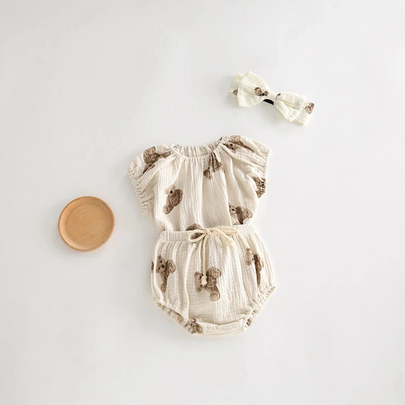 2021 Summer Baby Clothing Bear Print Toddler Girls Clothes Set Sleeveless Tee and Bloomers with Headband 3 Pcs Suits newborn | Мать и