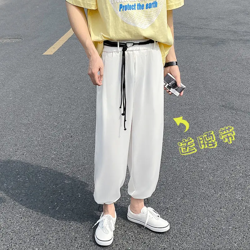 Брюки мужские тонкие повседневные модные однотонные прямые штаны с поясом