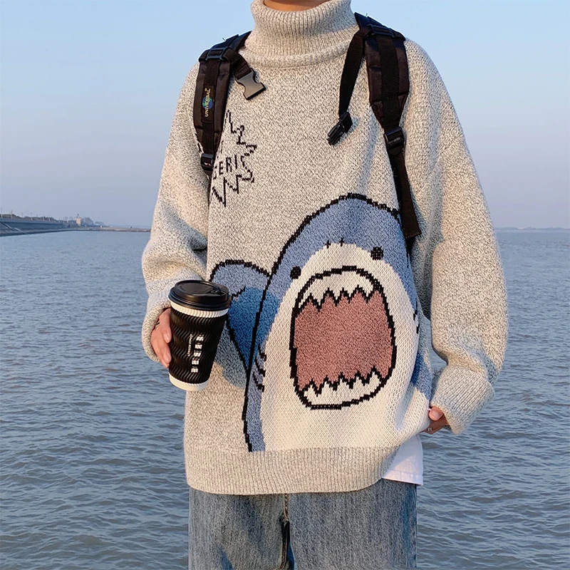 

Men Turtlenecks Shark Sweater Men 2021 Winter Patchwor Harajuku Korean Style High Neck Oversized Grey Turtleneck for Men