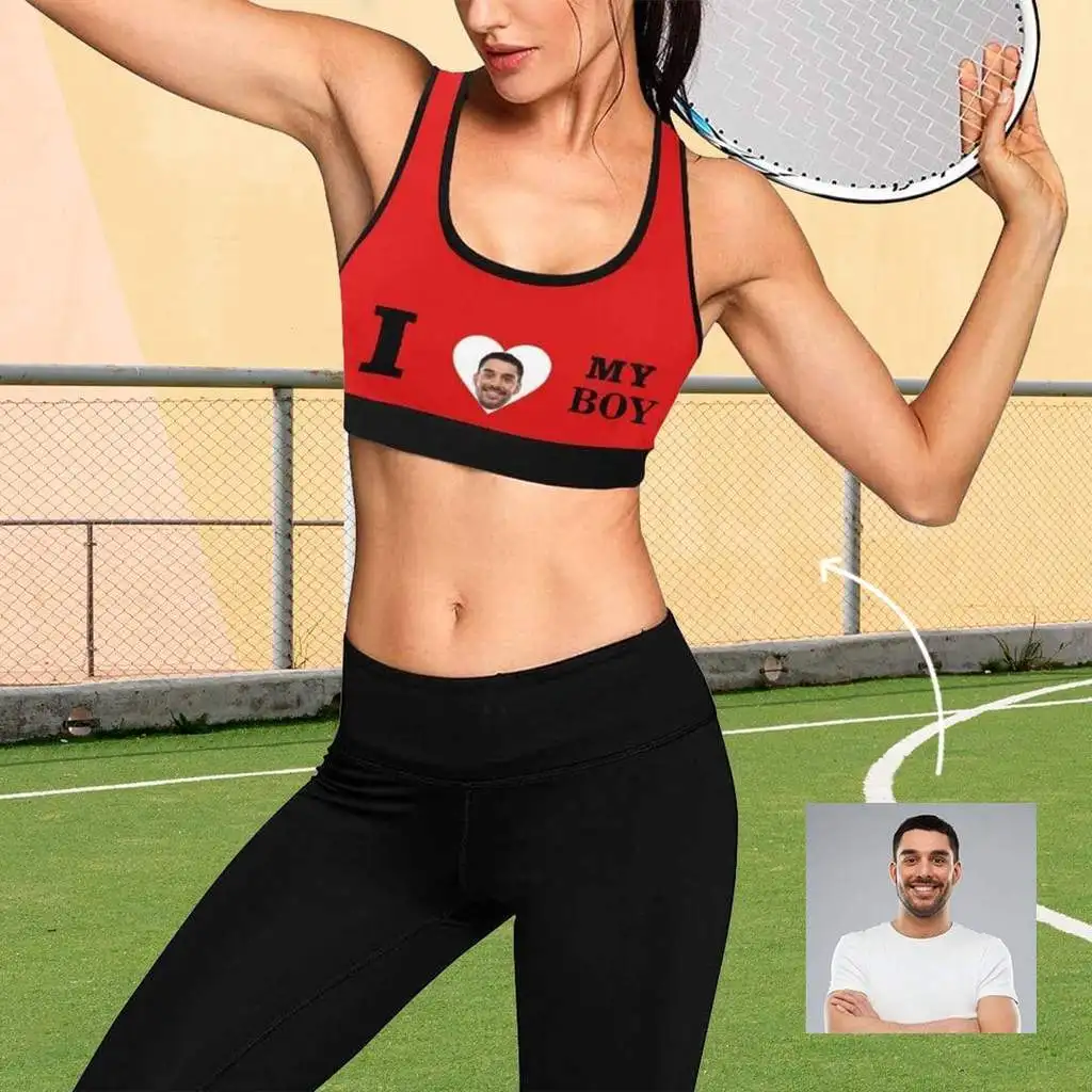

Custom Face I Love My Boy Red Women's Fitness Yoga Sports Bra Lightweight Soft Casual Personalized Female Tops Unique Gifts