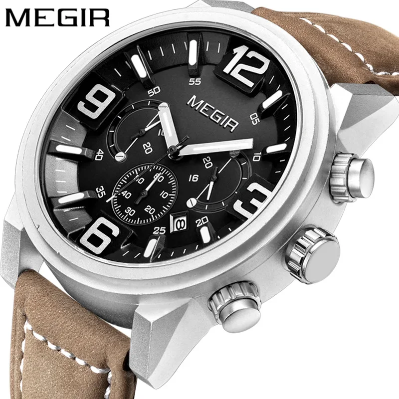 

MEGIR 2021 New Leather Fashion Calendar Luminous Men's Sport Watch Waterproof Chronograph Watches Quartz Relogio Masculino 3010G