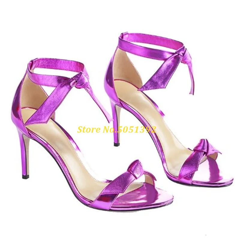 Harga Produsen 2020 Terbaru Sandal Simpul Kulit Paten Satu Tali Terbuka Toe Memotong Tipis High Heel Sepatu Mengikat Sandal