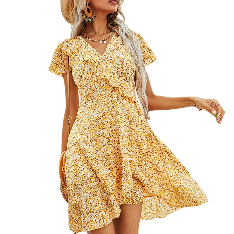 

2021 New Summer Print Ruffled Tie Dress Ladies Small Floral Fashion Elegant Sweet Style Slim Waist Commuter Dress 2021 L65