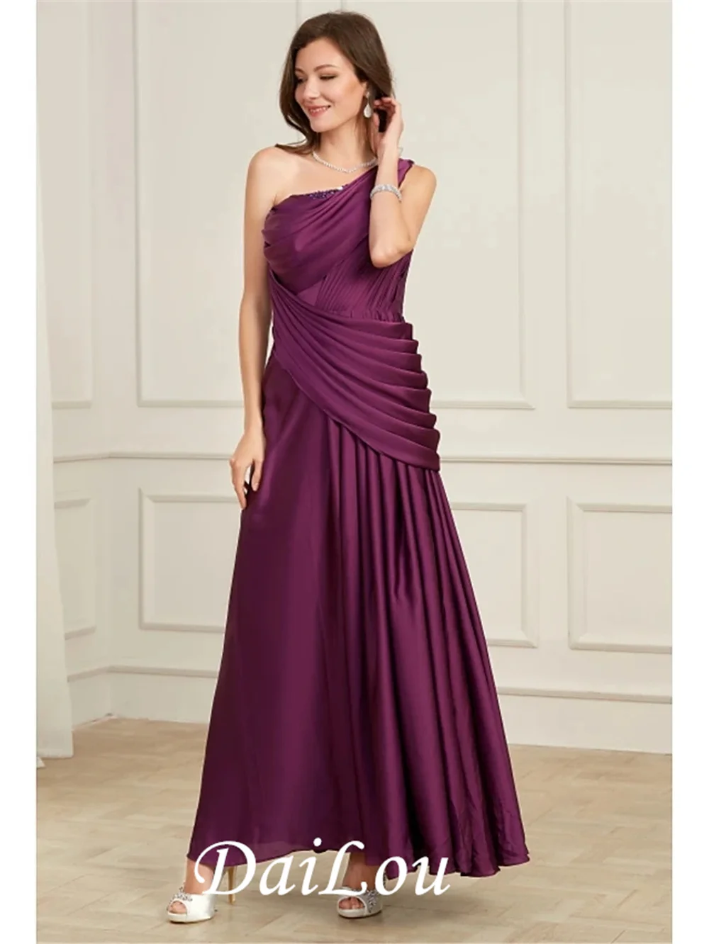 

A-Line Elegant Wedding Guest Formal Evening Dress One Shoulder Sleeveless Floor Length Tulle Polyester with Pleats Ruched 2021