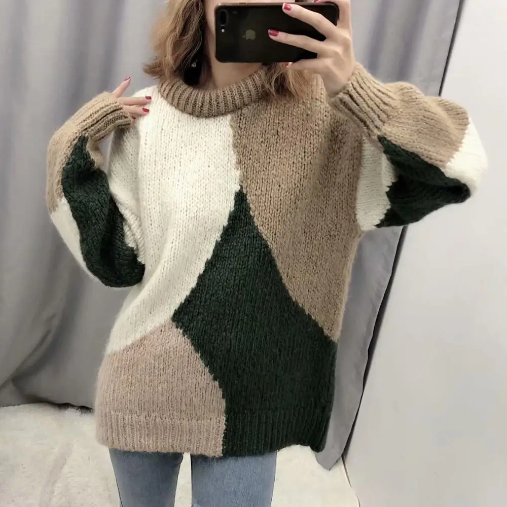 

Winter New Women's European and American Fashion Design Sense Contrast Color Stitching Round Neck Loose Long-sleeved Sweater