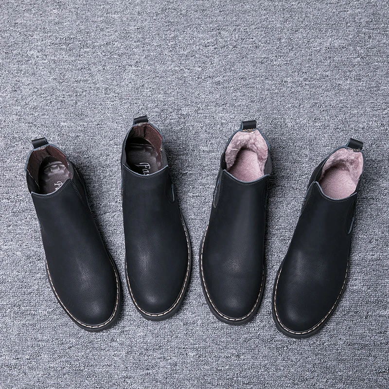

Chelsea Boots Men Winter Shoes plush warm men snow Boots Casual genuine Leather Men Ankle Boots Male Leather Footwear