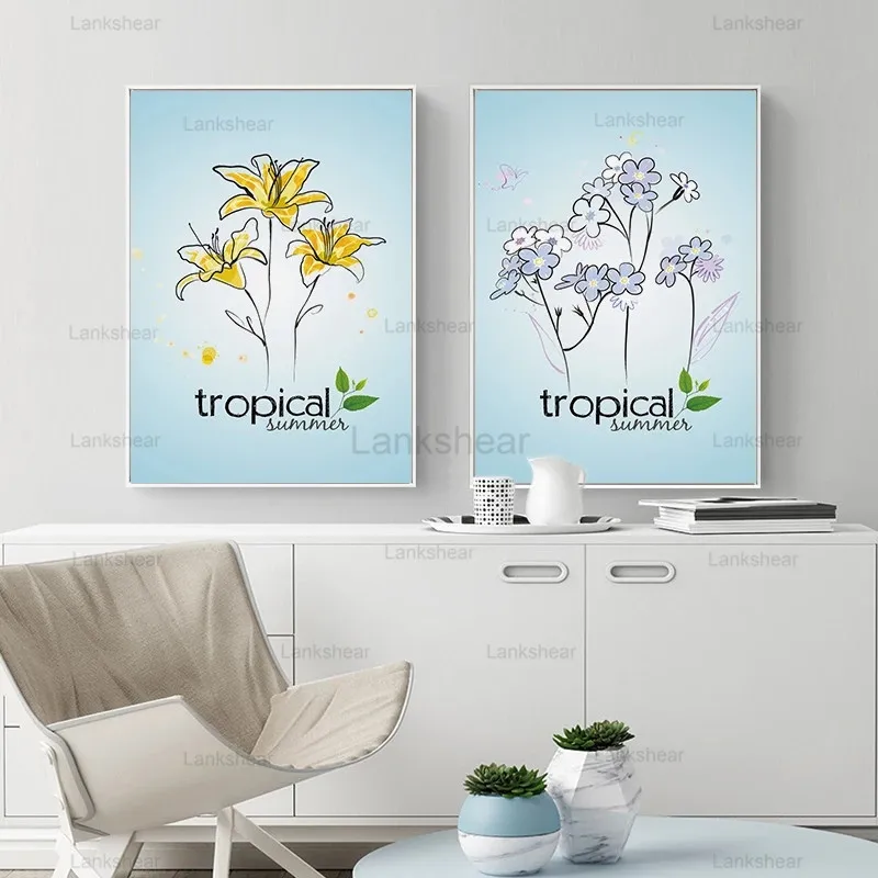 Скандинавский тропический растительный принт акварельный розовый цветок