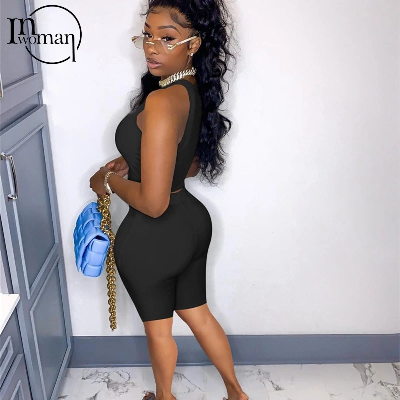 

Inwoman 2 Piece Sets Drawstring Womens Outfits Summer Black Two Piece Biker Shorts Sets Women Tracksuit Crop Top Matching Sets