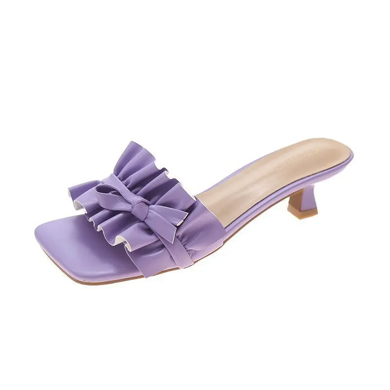 

Fairy Wind Pleated Sandals for Women 2021 Summer New Bow Lady Sandals Square Head Thin Heel Gentle Wind High Heel Slippers 35-39