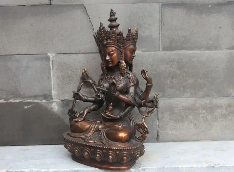 Тибетская красная Бронзовая статуя Будды с 3 головами и 8 руками Ushnishavijaya Namgyalma