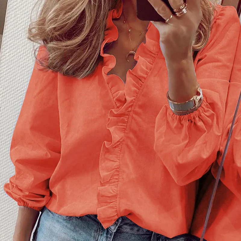 

Summer Ruffled Long Sleeve Solid Color Shirt Women Clothes Loose Plus Size Tops And Blouses Casual Streetwear Blouse Ladies