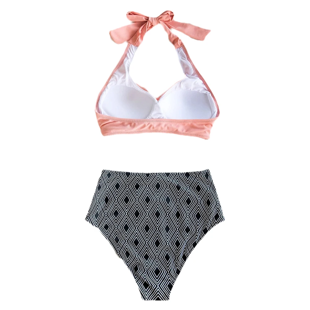 Комплект бикини женский из двух предметов пикантный розовый топ с лямкой на шее и