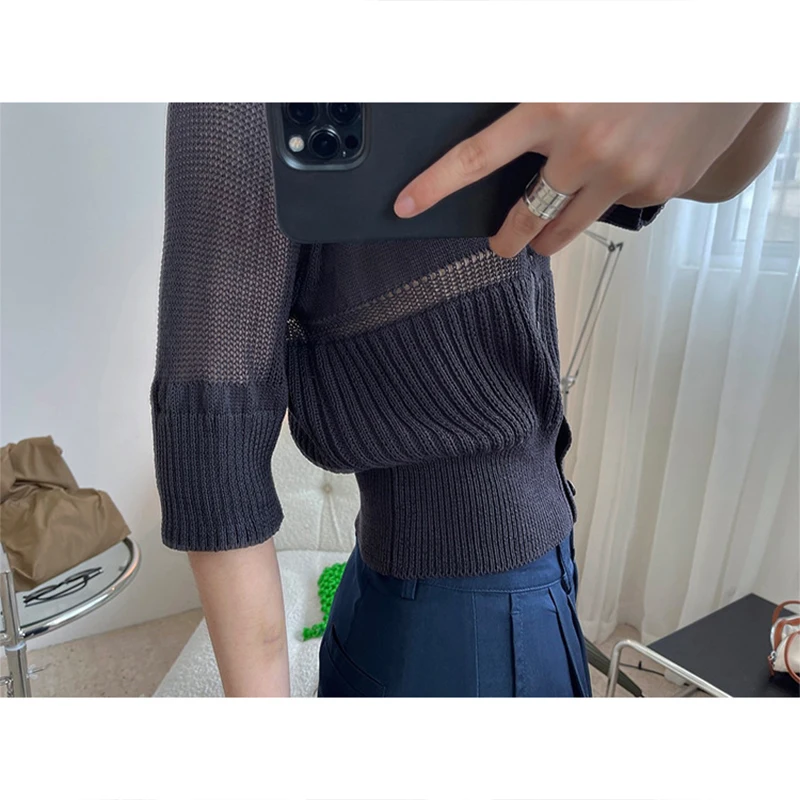 

Summer New French Retro Style Hollow Out Lapel Medium Sleeve Short Knitted Cardigan Loose And Thin Top