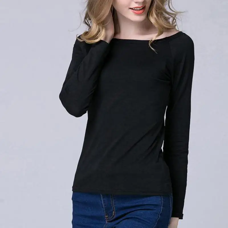 Осенние модальные футболки с длинными рукавами однотонного цвета универсальные