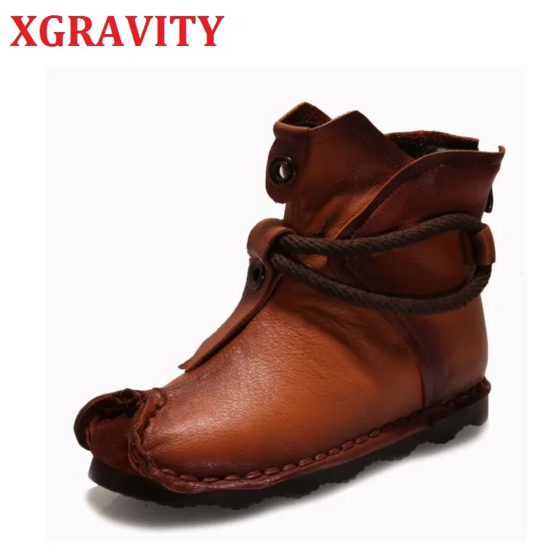 

XGRAVITY S123 New Fish Toe Ladies Flat Shoes Cow Leather Women Booties Zipper Genuine Leather Shoes Autumn Winter Fur Footwear