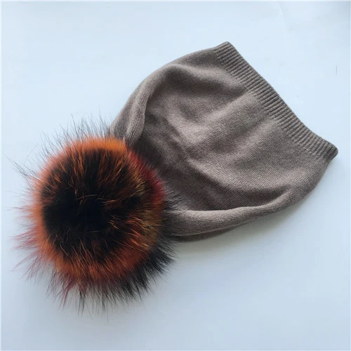 Brown colorful fur Вязаная шапка из натурального меха енота с помпонами, женские шапки бини, кашемировая зимняя шапка, Женская хлопковая шапка Skullies, шерстяная шапка - Цвет: Brown colorful fur