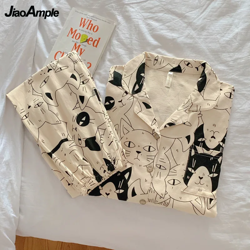 Women's Pajamas 2022 Spring Autumn New Cardigan Pijamas Female Sleepwear Long-sleeved Trousers Cute Nightie Homewear Two-piece