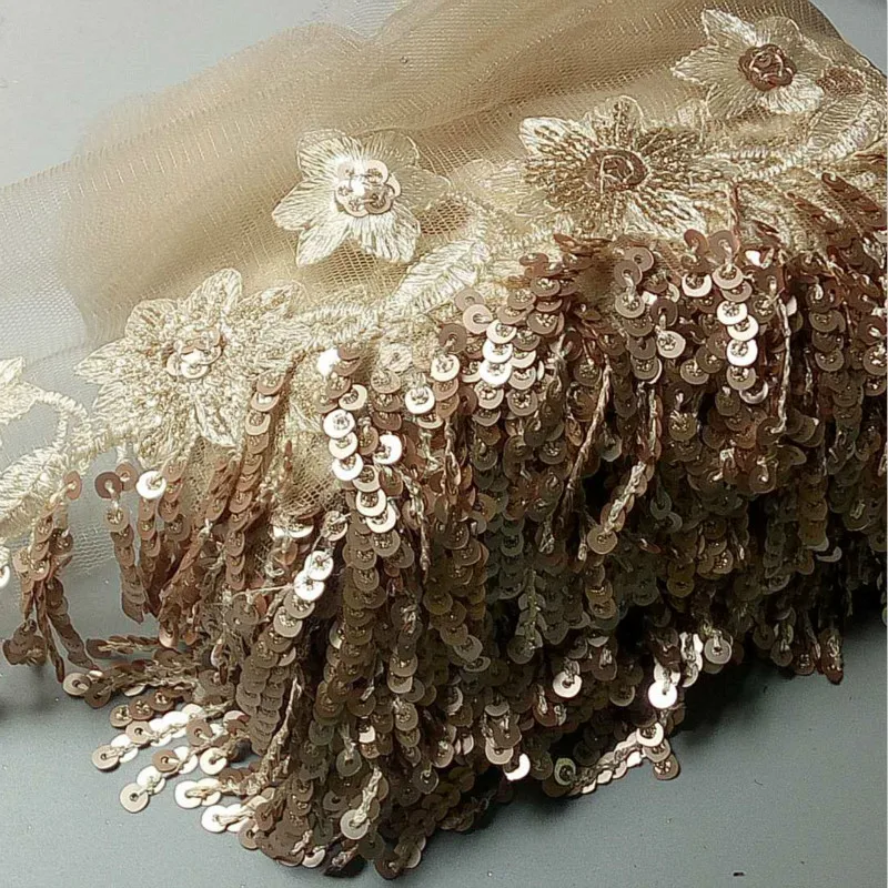 1 ярд шампанского сетчатые кружева с блестками ткань отделка ленты кисточкой