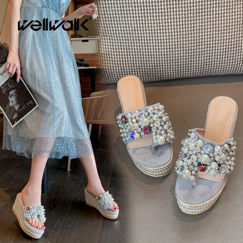 С жемчугом Женские босоножки на танкетке/Женская обувь каблуке круглый носок