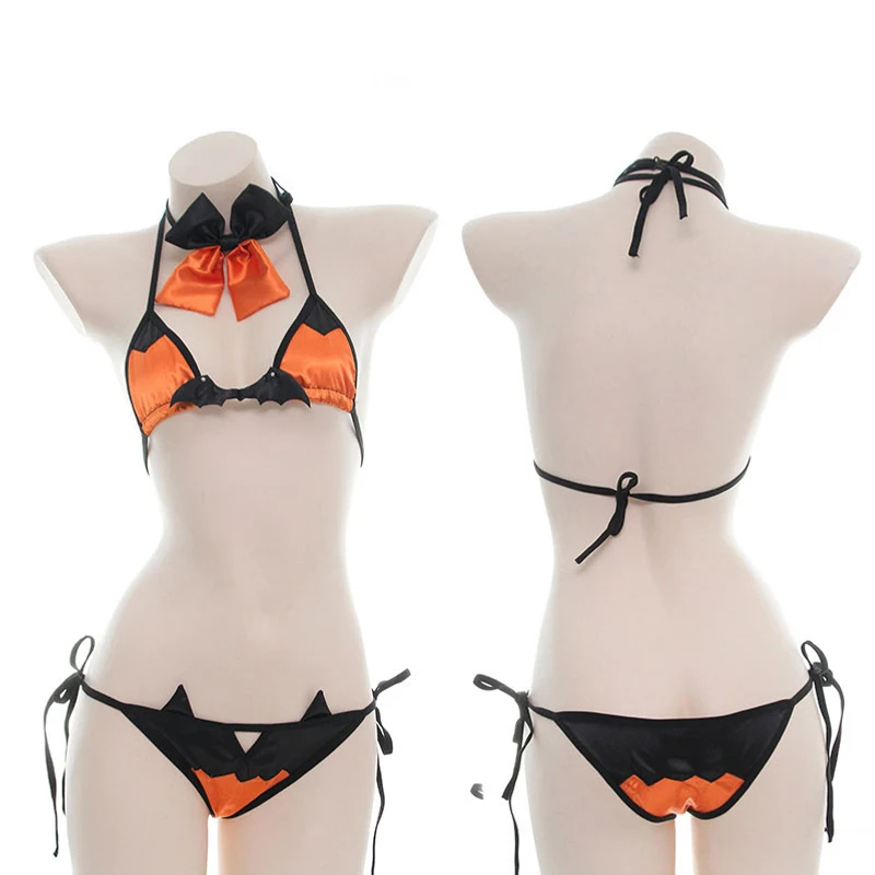 

Lovely Little Bat Women's Erotic Lingerie Set Bowknot Halter Bandage Female Sexy Underwear Set Temptation Halloween Bikini Suit