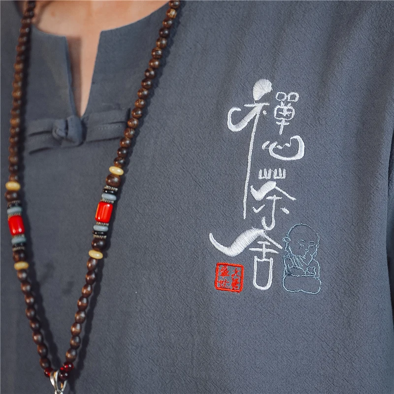 

2021 Summer New Men Embroidery Sets Fashion Stand-up Collar Mens T Shirts and Lace-up Trousers Classic Chinese Style Two-piece
