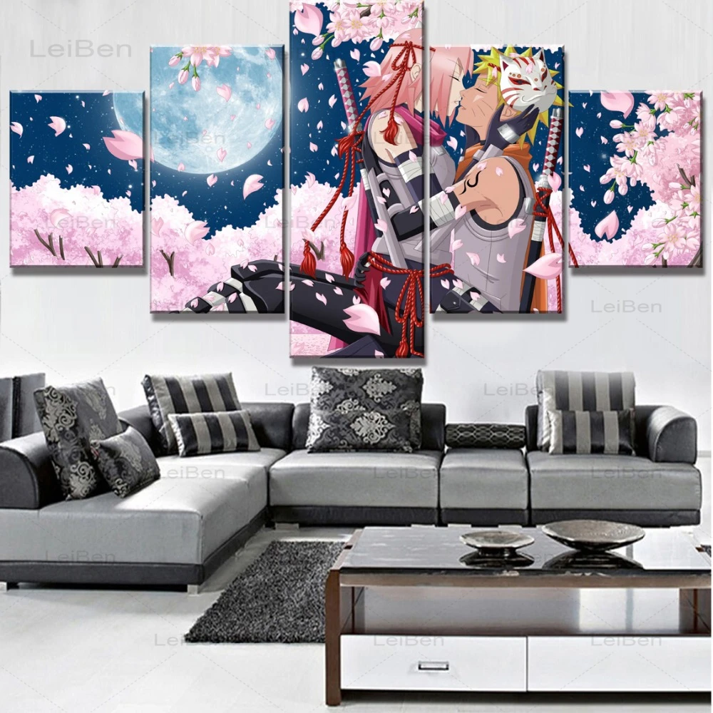 

Five-Piece Anime Couples Kiss Art Poster Cherry Blossom Landscape Canvas Painting Large Size No Frame Mural Teen Room Decoration