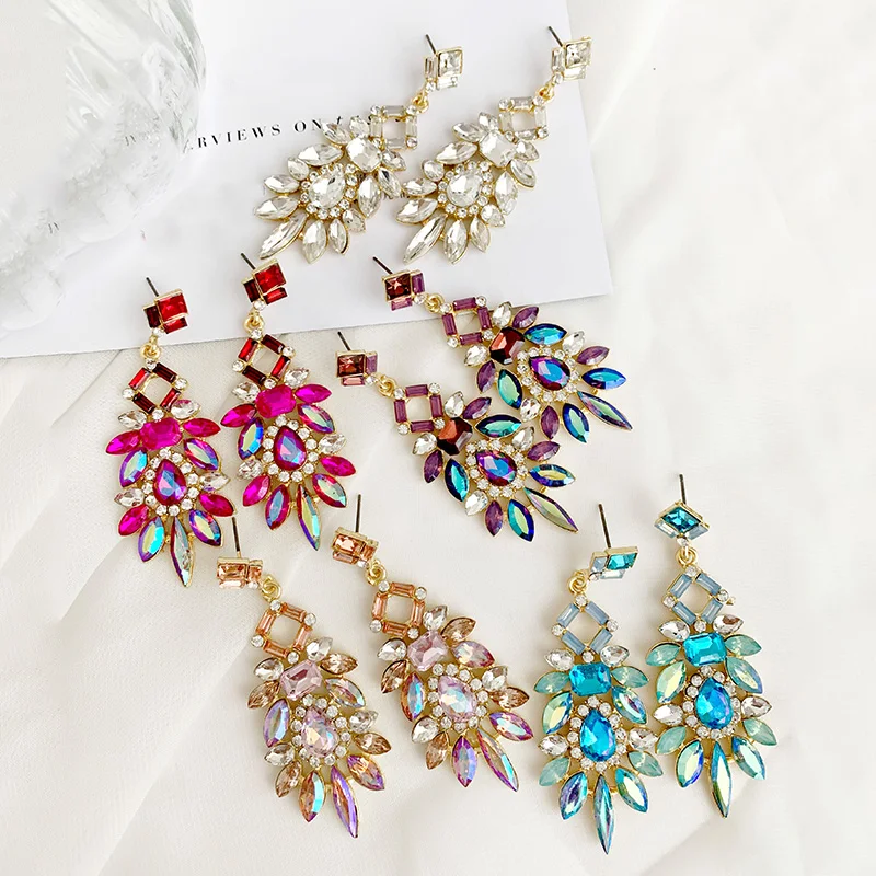 

2021 New Women's Fashion Crystal Earrings vintage Rhinestone red Pink Glass Black Resin Metal Leaf Ear Earrings For Girl Jewelry