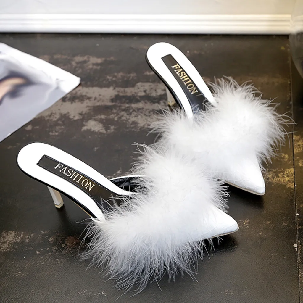 

Sexy Thin High Heel Slippers With Fur Women Sandals Shoes Outdoor Shoes Heel Elegant Ladies Pointed Toe Heel Slippers
