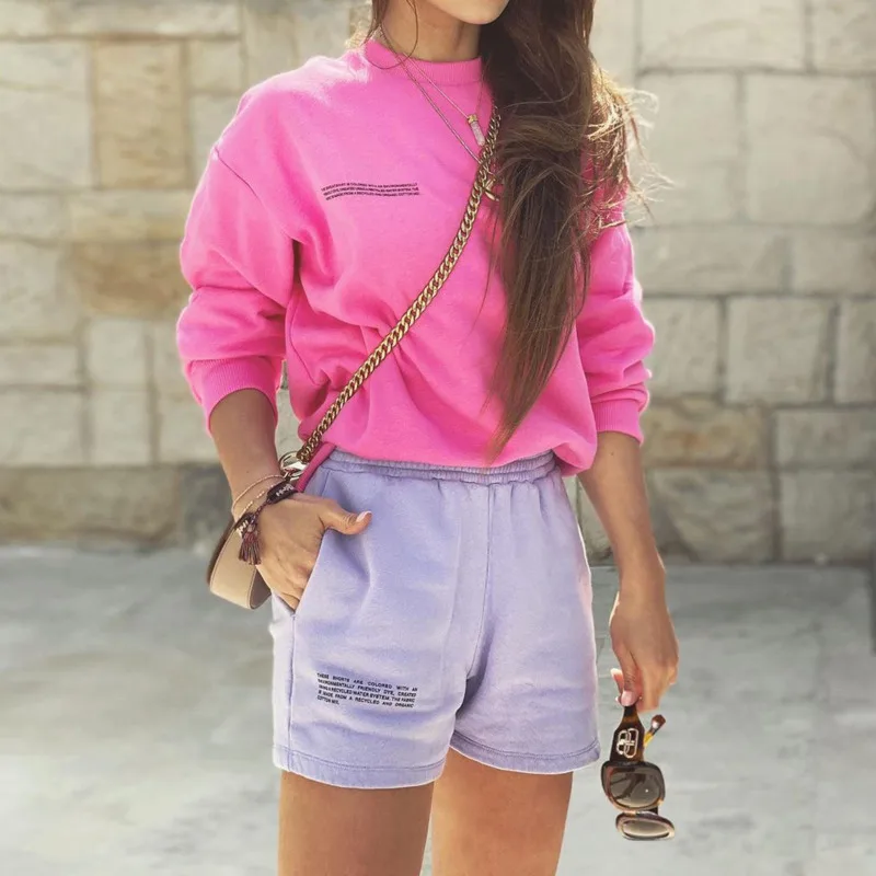 

2 Pieces Solid Round Neck Pullovers Sweatshirts Women Tops and Short Two Pieces Sets Women Spring Suits Clothing