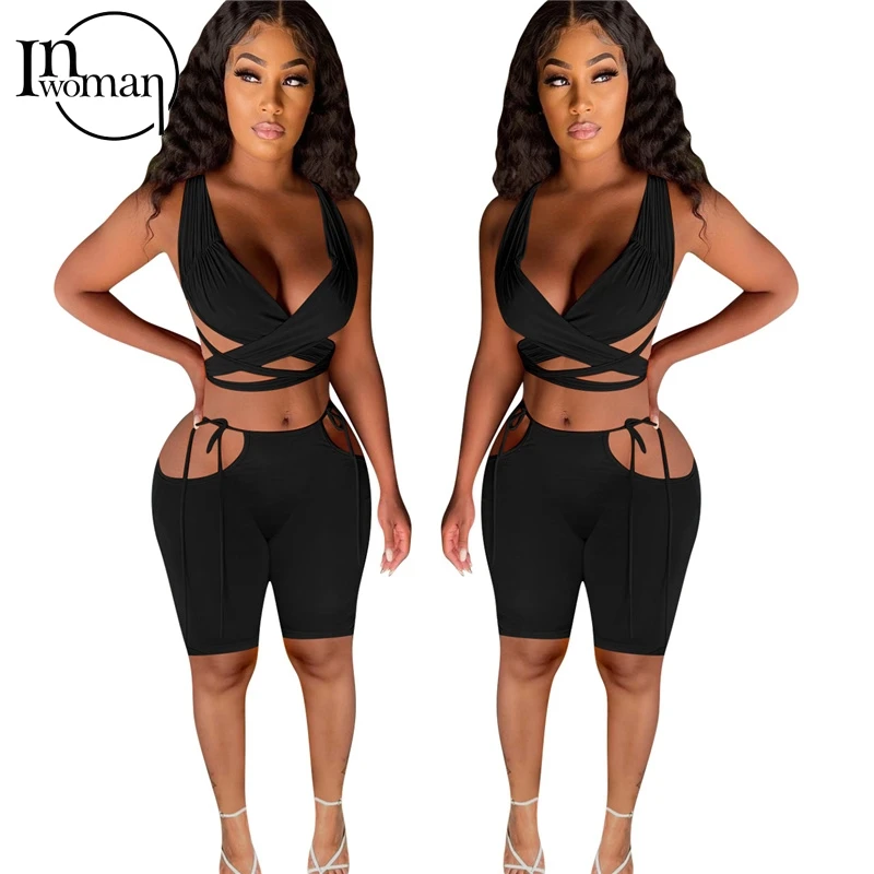 

Inwoman 2 Piece Sets Womens Outfits Summer Two Piece Shorts Sets Women Tracksuit asymmetrical Drawstring Crop Top Matching Sets