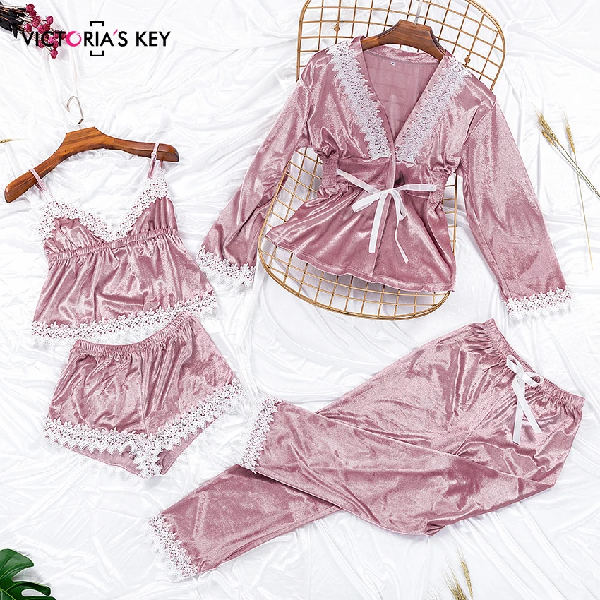 Викторианский ключ розовый бархат женский халат и платье наборы кружева Cami брюки