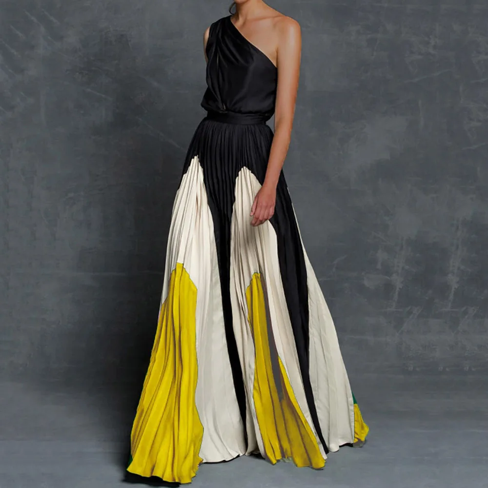 Женское плиссированное платье на одно плечо Летнее Длинное Платье контрастных
