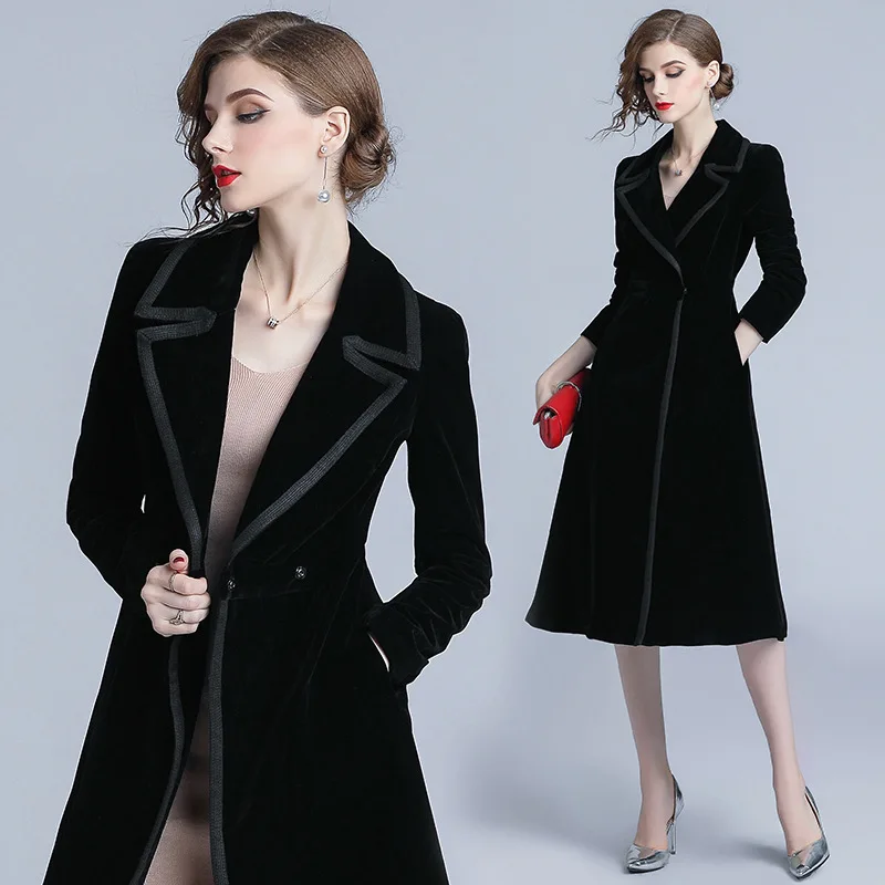 

Europe and the United States women's autumn and winter new coat dignified atmosphere slim slimming long black velvet trench coat